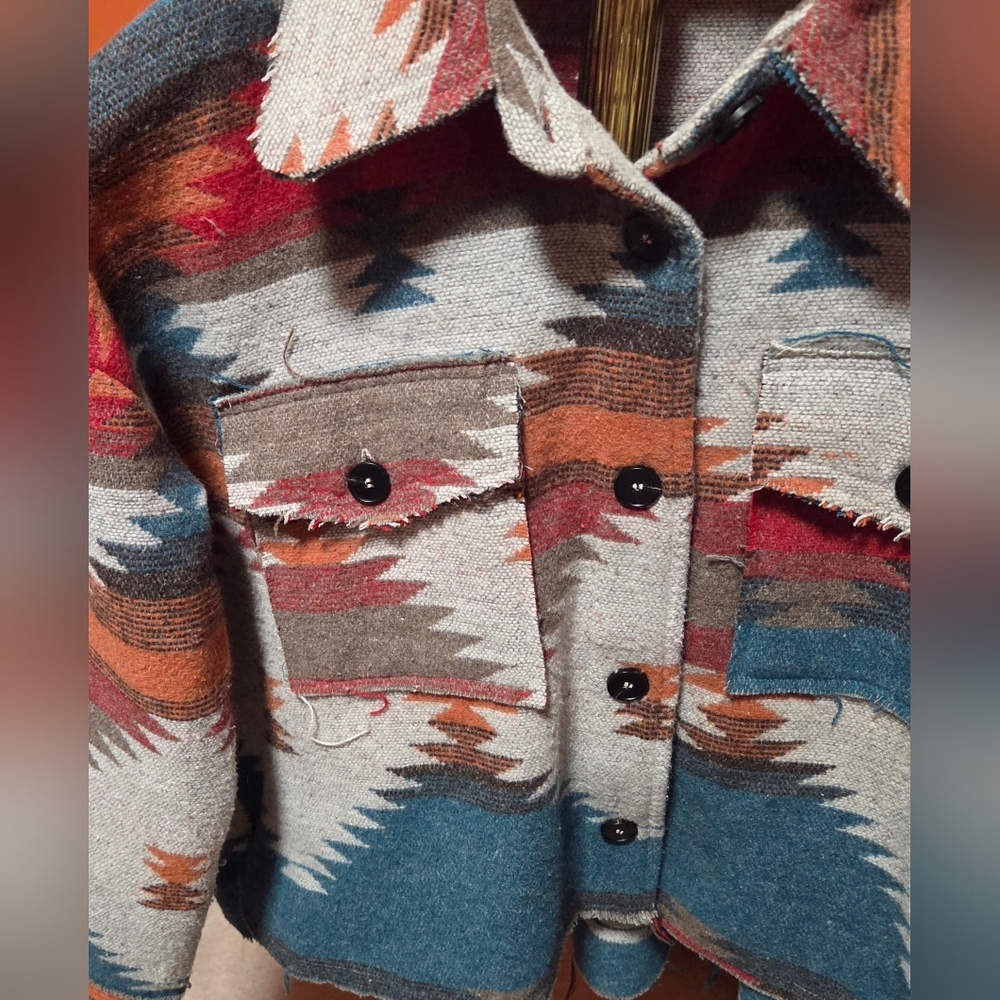 La Miel Eldora Aztec Shacket Aztec Western Raw Edge Oversizes Colorful Sz Small - Picture 4 of 7
